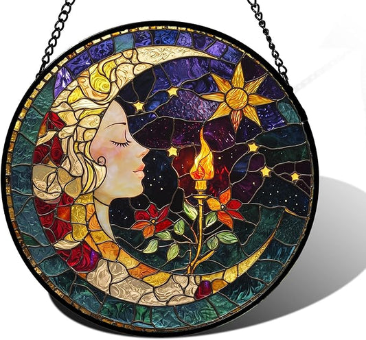 DASTOLL Stained Glass Window Hanging, Moon Goddess Torch Suncatcher Diamond Glass Panel Hangings Dream Sun Catchers Decor for Birthday for Women, Men, Wife, Aunt, and Mom 9.8 in