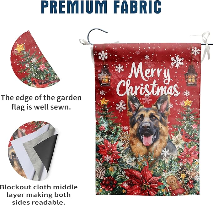 Christmas German Shepherd Garden Flag Merry Christmas Dog Yard Flag for Outside Xmas Flags 12x18 Double Sided Red Poinsettia Garden Flags Winter Porch Decorations Outdoor