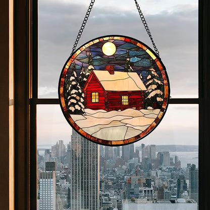 CHATYOUNG Stained Glass Window Hanging Red Christmas Cottage in Winter Snow Scene 9.8" - Suncatcher Door Garden Sun Catcher Decor Birthday Christmas for Mom Woman Nana Friend Men Kids Wife