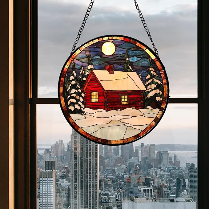 CHATYOUNG Stained Glass Window Hanging Red Christmas Cottage in Winter Snow Scene 7.8" - Suncatcher Door Garden Sun Catcher Decor Birthday Christmas for Mom Woman Nana Friend Men Kids Wife
