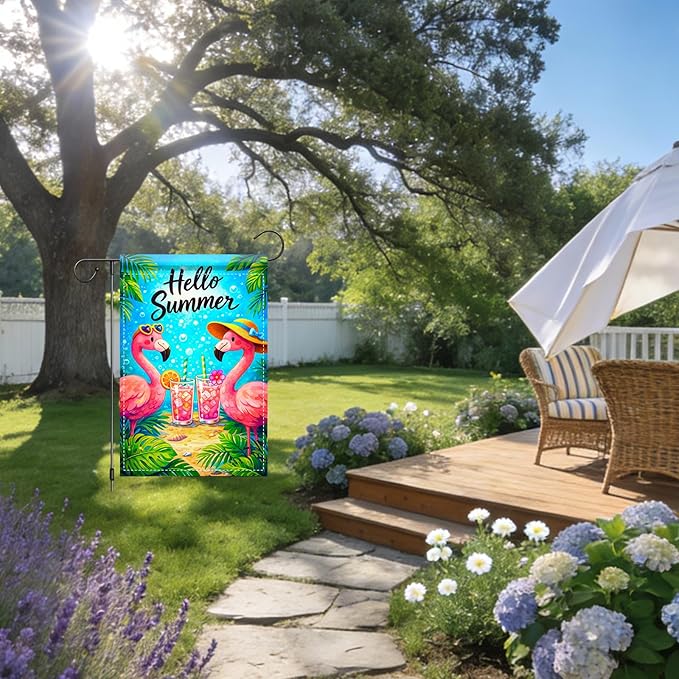 Nuxovilar Summer Garden Flag Hello Summer Flamingo Drink Tropical Pattern Polyester 12x18 Inches Garden Flags for Outside Seasonal Decor Yard Porch Lawn