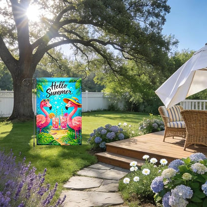 Nuxovilar Summer Garden Flag Hello Summer Flamingo Drink Tropical Pattern Polyester 12x18 Inches Garden Flags for Outside Seasonal Decor Yard Porch Lawn