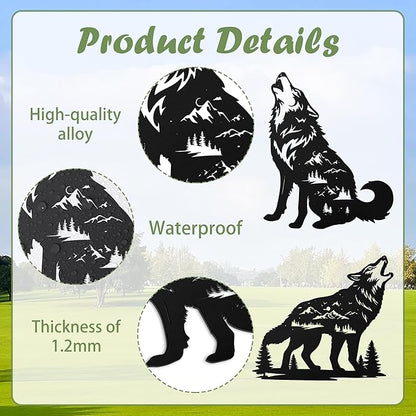 Romart Wolf Silhouette Garden Stakes Decorations - 2 Pcs Metal Howling Animals Statues, Black Rustic Animal Sculpture Set, Yard Art for Outdoor Garden & Patio Lawn