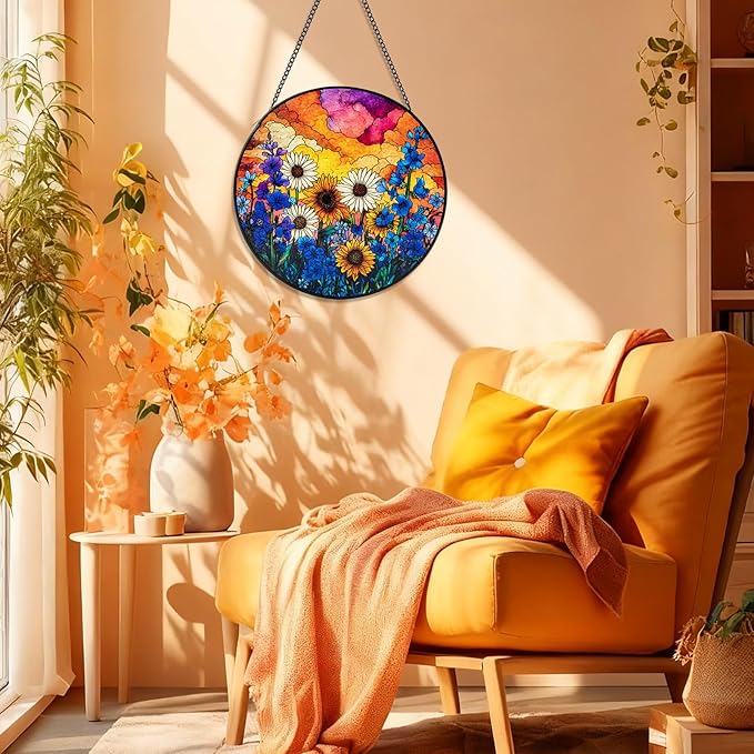 Stained Glass Window Hanging, Daisy Suncatcher for Doors Home Sun Catchers Decoration, Mother's Day Birthday Gifts for Women, Men, and Mom (Wildflowers)
