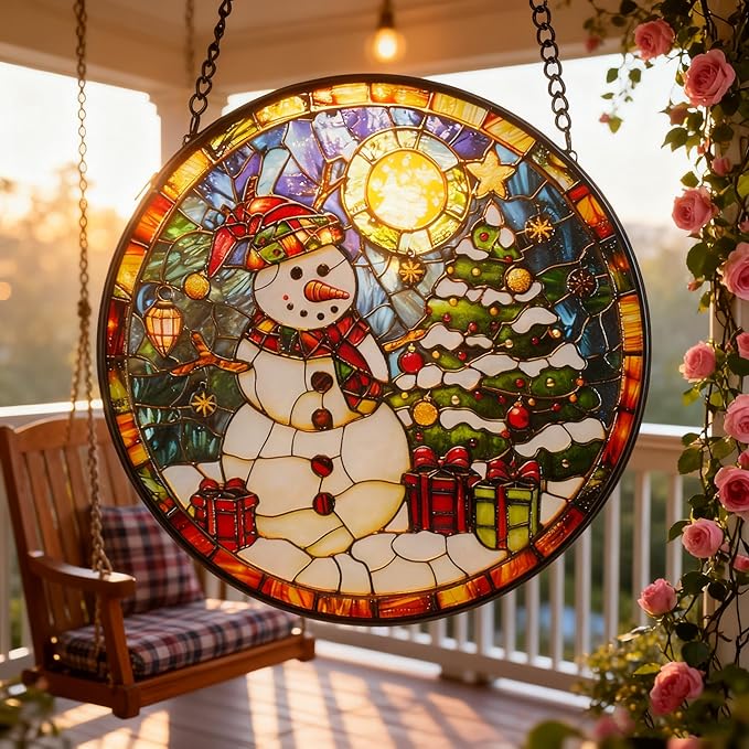 Sun Catcher Stain Glass,Christmas Snowman Suncatcher Stained Glass Decor for Window Hanging, Gardening Gifts for Women with 6.3 Inch