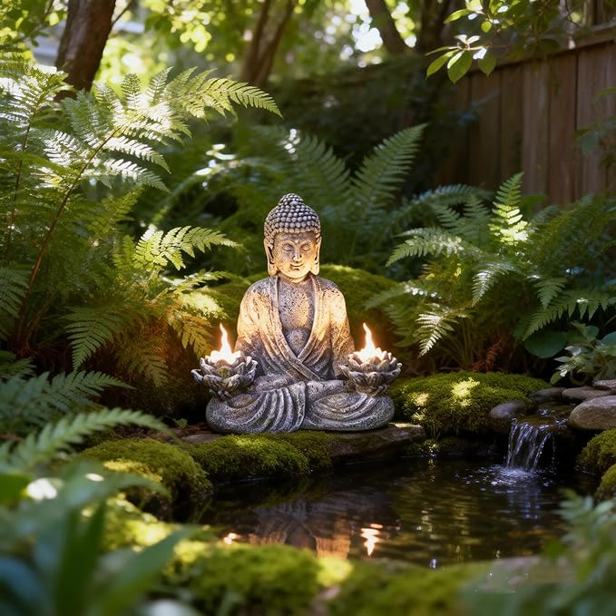 IVCOOLE Buddha Statue Zen Sculpture 11.4in Yoga Garden Decor with LED Solar Lotus Lights, Sitting Meditating Buddha Serene Resin Figurine for Patio Yard Lawn Ornaments,Inside or Outside