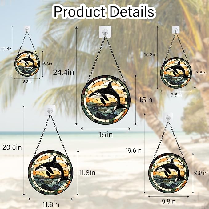 Stained Glass Window Hanging Ocean Wave Killer Whale 9.8" - Suncatcher Door Garden Sunroom Sun Catcher Home Decor Birthday Christmas for Mom Men Woman Nana