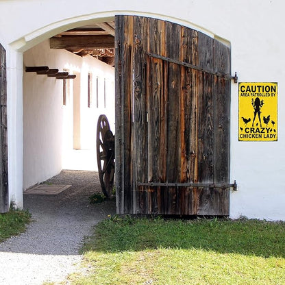 Funny No Trespassing Sign, Metal Warning Tin Signs, Caution Area Patrolled by Crazy Chicken Lady, Yard Sign Garage Farm Garden Wall Decor Sign Plaque Outdoor for Home Fence 8 X 12 Inches