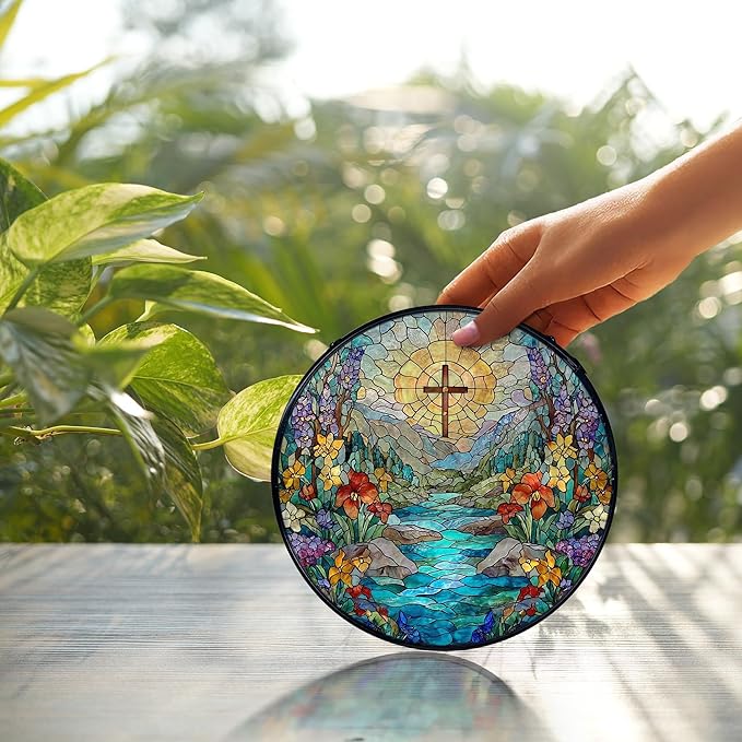 Christian Cross Flower Suncatcher Stained Glass Window Hanging, Cross Wildflower Sun Catchers Indoor Window Glass Wall Art Decor, Religious Wall Hanging Decor Decorations, 7.9x7.9 Inch