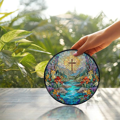 Christian Cross Flower Suncatcher Stained Glass Window Hanging, Cross Wildflower Sun Catchers Indoor Window Glass Wall Art Decor, Religious Wall Hanging Decor Decorations, 7.9x7.9 Inch