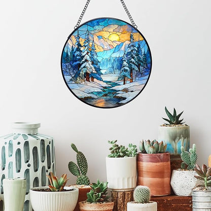 Winter Christmas Stained Glass Window Hanging Suncatchers, Winter Mountain Landscape Sun Catchers Indoor Window Glass Wall Art Decor, Christmas Wall Hanging Decorations Sculptures, 7.9x7.9in
