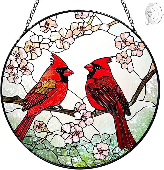 Cardinal Suncatcher Stained Glass Window Hanging - 8” Handmade Red Bird Suncatchers for Windows Hanging - Sun Catchers Indoor Wall Decor Art Glass Panels - Mothers Day Birthday Gifts for Mom Grandma