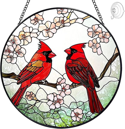 Cardinal Suncatcher Stained Glass Window Hanging - 8” Handmade Red Bird Suncatchers for Windows Hanging - Sun Catchers Indoor Wall Decor Art Glass Panels - Mothers Day Birthday Gifts for Mom Grandma
