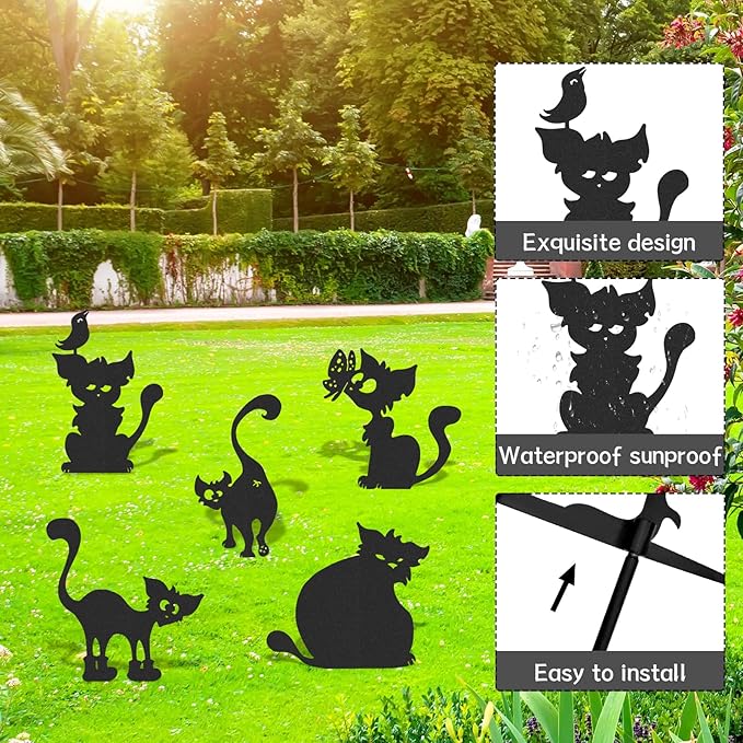 Cat Metal Garden Stakes - 5 Pcs Funny Cats Statues Outside Black Yard Art Ornaments Outdoor Silhouette Decor for Patio Lawn Pathway Halloween Christmas Birthday Gifts for Animal Lover