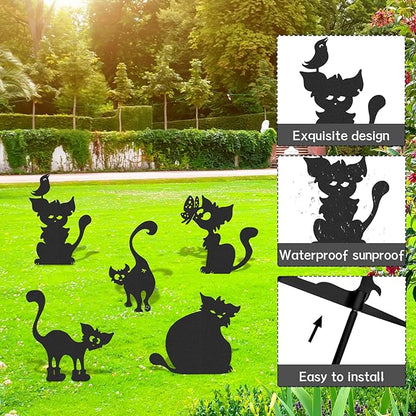 Cat Metal Garden Stakes - 5 Pcs Funny Cats Statues Outside Black Yard Art Ornaments Outdoor Silhouette Decor for Patio Lawn Pathway Halloween Christmas Birthday Gifts for Animal Lover