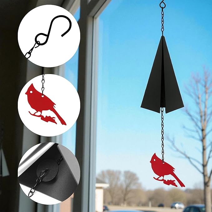 Coastal Country Style Wind Bells Inspired by North Design – Cardinal Bird Geometric Metal Bell Chime with Buoy Catcher for Outdoor Yard Home Decor, Red and Black Windchime for Outside Boothbay Theme