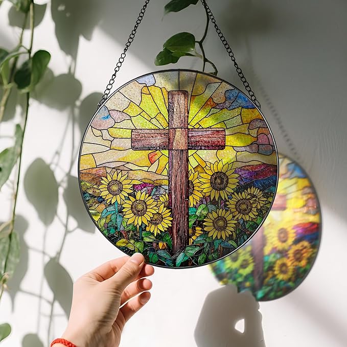 Stained Glass Suncatcher, Sunflower & Cross Sun Catcher Ornament; Stained Glass Window Hanging, Christmas Ornament, Christian Home Decor; Baptism Gift, Christian Gifts, Religious Gifts
