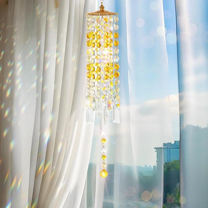 Crystal Wind Chimes for Outside with Rainbow Light Reflections Glass Bells and Rose Gold Alloy Hooks Indoor Outdoor Decor for Home Garden Patio Porch Birthday House Warming (Yellow)