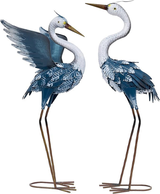 TERESA'S COLLECTIONS Yard Decorations Outdoor Garden Statues, Blue Metal Crane Yard Art, 25-26" Lawn Ornaments for Backyard,Outside Porch,Patio,Heron Decoy Bird Garden Decor,Set of 2,Gifts for Mom
