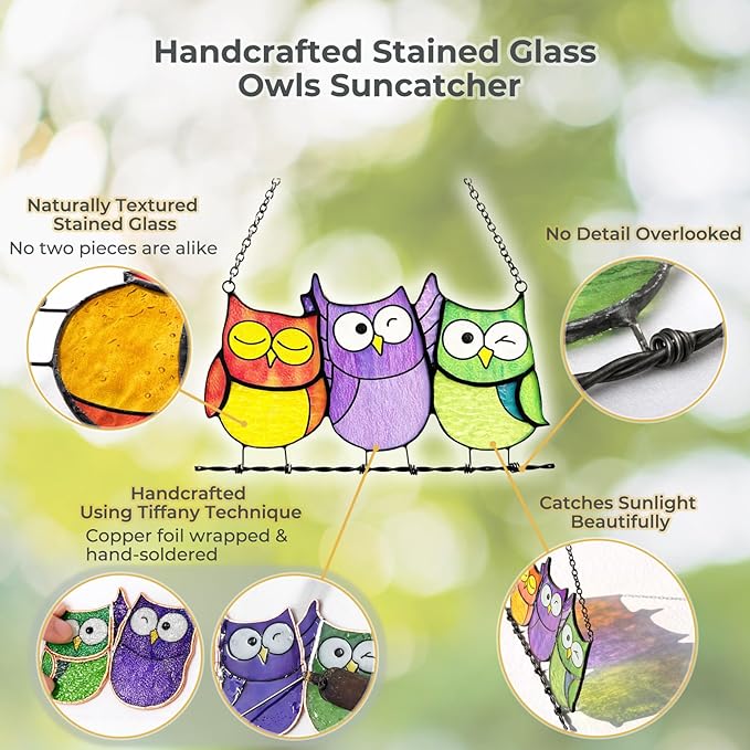 Owls Stained Glass Suncatcher, Handmade Colorful Window Hanging Sun Catcher Ornament for Home & Garden, Gift for Bird Lovers Mothers & Women