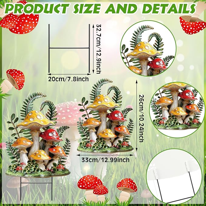 Amyhill Spring Mushroom Outdoor Decor Metal Garden Stakes Mushroom Yard Signs Gift for Nature Lovers Farmhouse Waterproof Lawn Sign Outdoor Decorations for Spring Summer Holiday Garden Lawn Decor