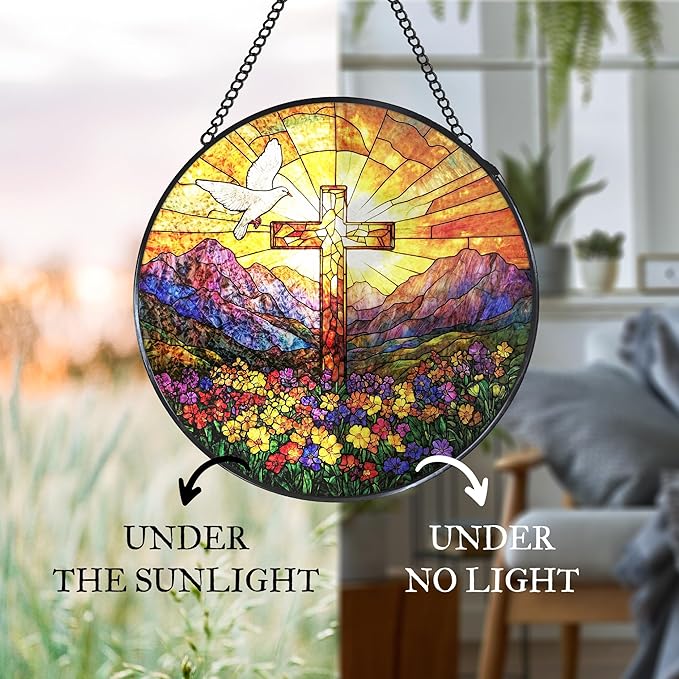 Cross Wildflowers Stained Glass Window Hanging Suncatcher, Christian Dove Sunset Sun Catcher Indoor Window Decor Gifts, Religious Painted Glass Round Wall Hanging Decorations 7.8x7.8 in