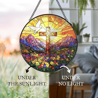 Cross Wildflowers Stained Glass Window Hanging Suncatcher, Christian Dove Sunset Sun Catcher Indoor Window Decor Gifts, Religious Painted Glass Round Wall Hanging Decorations 7.8x7.8 in