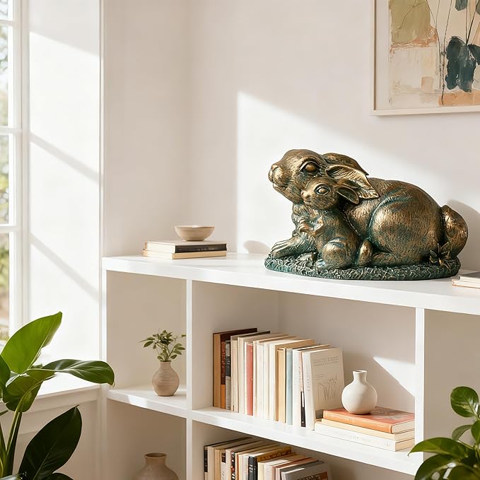 Rabbit Garden Outdoor Statue Resin Easter Bunny Statues for Home, Living Room Decoration, Garden Decor,Verdigris Gold