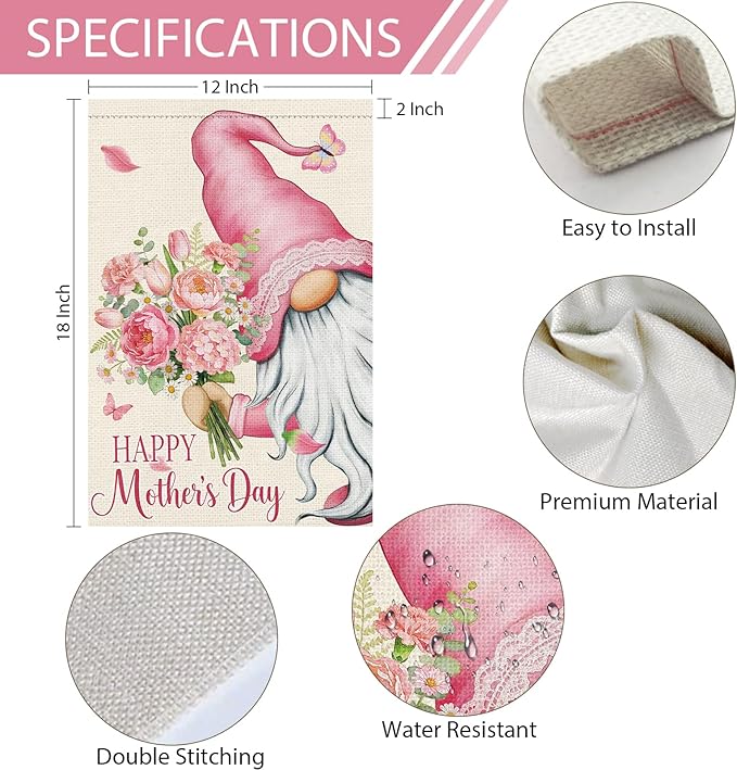 Heyfibro Happy Mother's Day Garden Flag 12x18 Double Sided Burlap, Gnome Garden Flag with Pink Floral Bouquet Yard Banner for Spring Outside Outdoor House Mothers Day Decoration (ONLY FLAG)