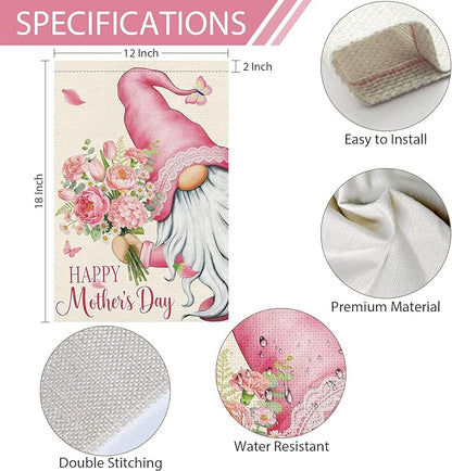 Heyfibro Happy Mother's Day Garden Flag 12x18 Double Sided Burlap, Gnome Garden Flag with Pink Floral Bouquet Yard Banner for Spring Outside Outdoor House Mothers Day Decoration (ONLY FLAG)
