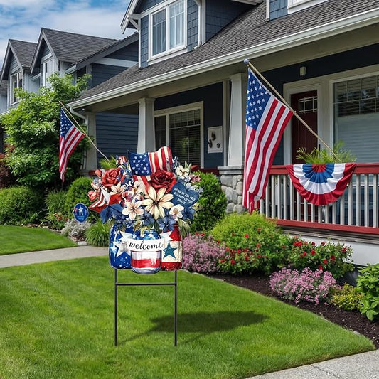 Amyhill 4th of July Metal Outdoor Decor Garden Stakes Patriotic Mason Jars Welcome Yard Signs Decorations Red White Blue Garden Stakes for Independence Memorial Day Patio Lawn Walkway Outside