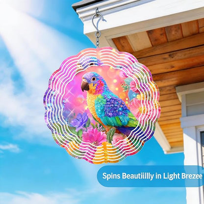 Wind Spinners Colorful Parrot Floral Art 9.8 x 9.8 Inch Metal Wind Spinner Outdoor Garden Decor Vibrant Tropical Bird Illustration Decorative Wind Spinners for Yard Patio