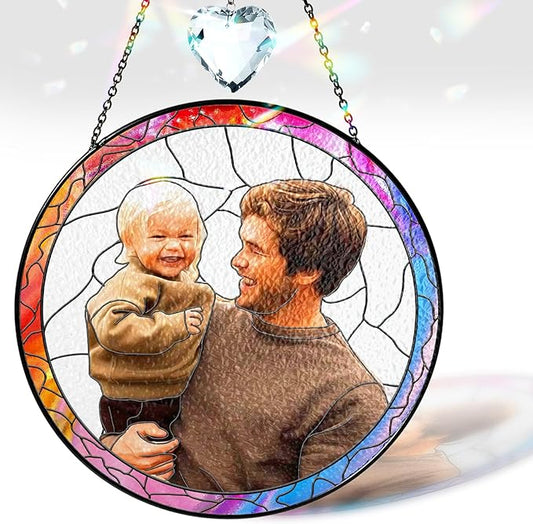 VINATIMES Personalized Dad Stained Glass Suncatcher, Photo Family Stained Glass Window Hanging Decoration, Custom Photo Gift for Dad from Son Daughter, Birthday Gift for Grandpa, Papa, Uncle
