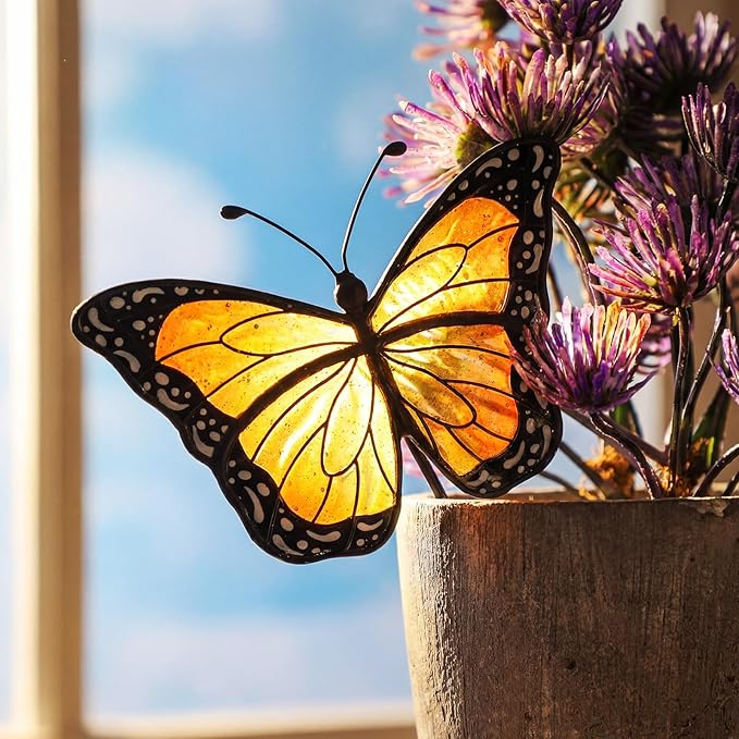 Geelin 1 Pc Stained Glass Flying Butterfly Suncatcher Flower Pot Decoration Metal Plant Pot Hangers Colorful Garden Yard Suncatcher Decor for Spring Home Indoor Outdoor Decor(Orange, Chic)