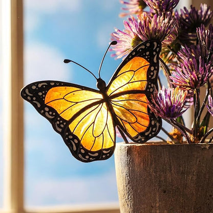 Geelin 1 Pc Stained Glass Flying Butterfly Suncatcher Flower Pot Decoration Metal Plant Pot Hangers Colorful Garden Yard Suncatcher Decor for Spring Home Indoor Outdoor Decor(Orange, Chic)