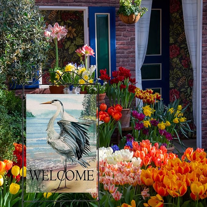 Furiaz Welcome Spring Summer Seabird Coastal Beach Large Decorative House Flag, Blue Heron Yard Bird Sea Lake Ocean Home Outside Decoration, Nautical Tropical Outdoor Decor Double Sided 28x40