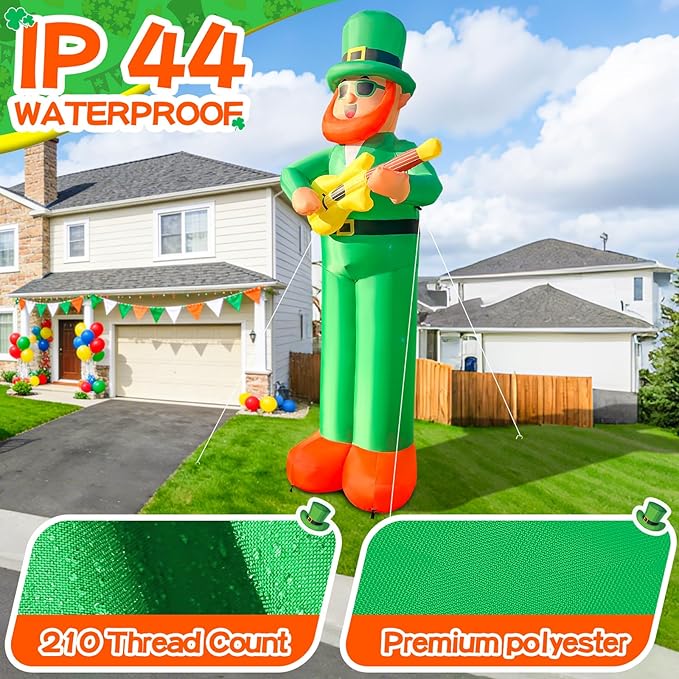 10Ft Giant St. Patrick's Day Inflatable Outdoor Decoration Blow Up Inflatable Leprechaun with Guitar Inflatable St. Patrick's Day Yard Decorations for Outdoor Garden Lawn Party(with Drawstring Bag)