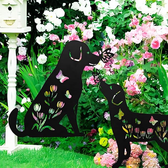 Dog Decor Outdoor Metal Decor, Garden Gecor for Outside Dog Garden Statue, Black Puppy Outdoor Garden Decor, Metal Garden Art Decorations, 2PCS (Dog1)