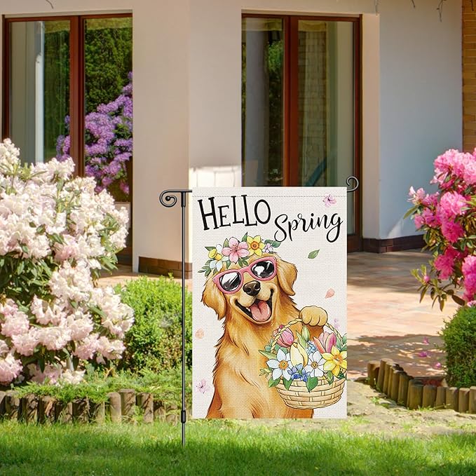 Heyfibro Hello Spring Golden Retriever Garden Flag 12x18 Inch Double Sided Spring Flowers Garden Flag Small House Flags for Outside Yard Farmhouse Holiday Seasonal Outdoor Decorations