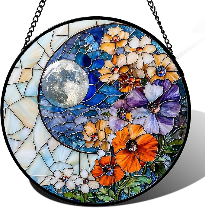 Stained Glass Window Hanging - Blue White Moon Suncatcher for Door Terrace Garden Home Decor Colorful Flowers Sun Catcher Birthday Gifts for Lovers Women Men Dad Mom Nana 11.8 in
