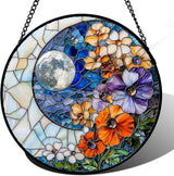Stained Glass Window Hanging - Blue White Moon Suncatcher for Door Terrace Garden Home Decor Colorful Flowers Sun Catcher Birthday Gifts for Lovers Women Men Dad Mom Nana 9.8 in