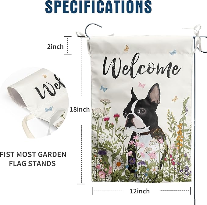 Spring Summer Garden Flag Floral Boston Terrier Yard Flag Flower Dog Garden Flags for Outside Small Outdoor Welcome Flags 12x18 Double Sided