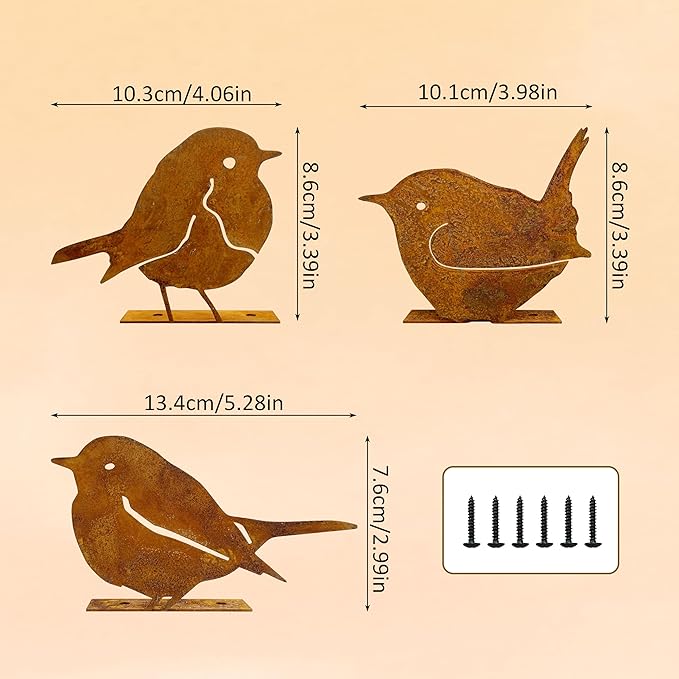 3PCS Rusty Birds Decor, Metal Birds Yard Decor, Cute Metal Birds Garden Ornaments Silhouette- Garden Sculptures and Yard Art, Rustic Birds Decoration Outdoor Patio Yard