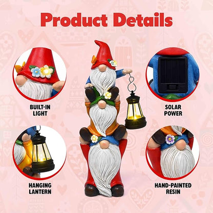Gift Boutique Solar Garden Gnome Statue with Lantern Stacked Gnomes Outdoor Decor Lighted Yard Lawn Patio Decoration Whimsical Resin Figurine Home Accent