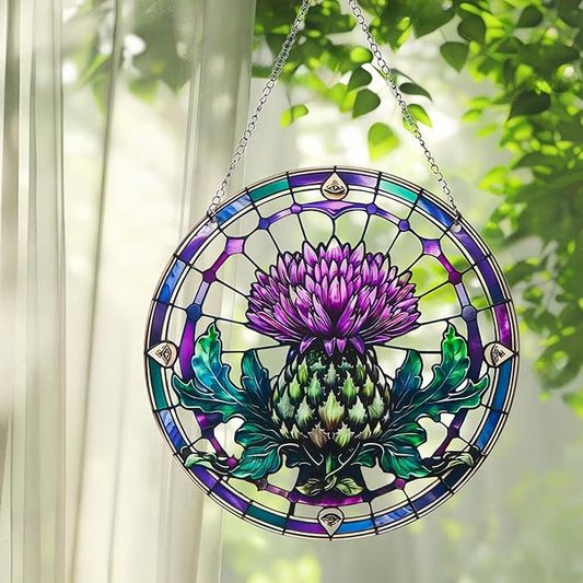2 Pack Acrylic Thistle Window Hanging, 8in Scottish Symbol Stained - Style Decor, Suncatcher Ornament for Home Wall & Window, Ideal Gift for Celtic Culture Lover