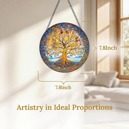 Stained Glass Window Hanging Tree of Life Suncatcher 8 Inch, Indoor Outdoor Wall Art Home Decor, Sun Catchers, Birthday for Women Men