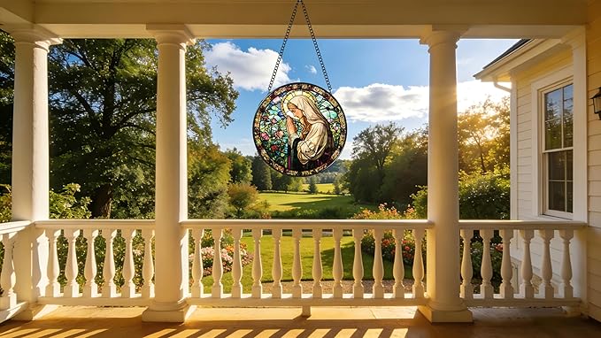 Funoasis Stained Glass Window Hanging 6.3 Inches Suncatcher - The Virgin Mary Prays in The Garden Ornaments Sun Catcher Home Decor Women Birthday