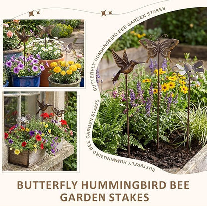 AceOrbit 6 Pcs Rusty Yard Stakes Spring Decor 11.8" Metal Butterfly Hummingbird Bee Stakes Rust Proof Plant Sticks Flowers Bed Decor for Farmhouse Outdoor Yard Lawn Patio Walkway Pathway (Insect)
