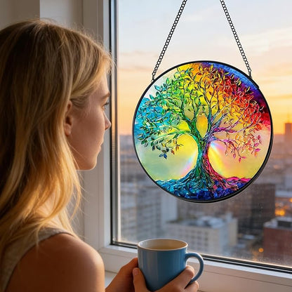 7.8 in Stained Glass Window Hanging, Rainbow Tree of Life Suncatcher for Home Decor, Handmade Decorative Ornament Boho Wall Art Ideal Gift for Mom Grandma Housewarming