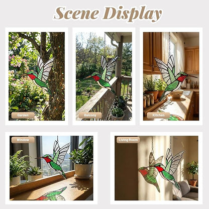 Hummingbird Suncatcher Decor,Handmade Stained Glass Window Hanging Ornament for Spring Summer Home Decor,Mother's Day Housewarming Gifts for Women Mom Birds Lovers